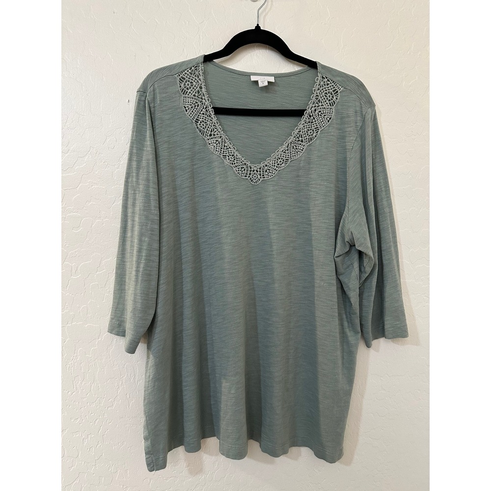 J. Jill Womens XL Sage Green Crochet Lace V-Neck 3/4 Sleeve Top Coastal Office